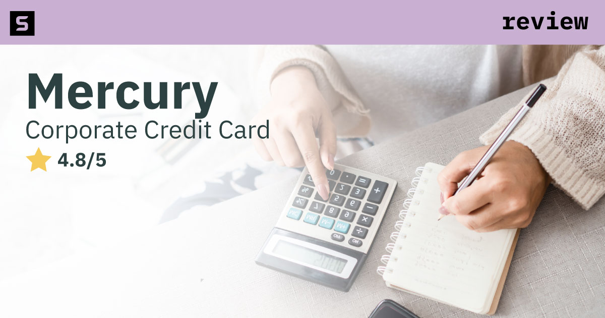 Smiling business person pointing at 4.1 stars and the words, Mercury Credit Card.