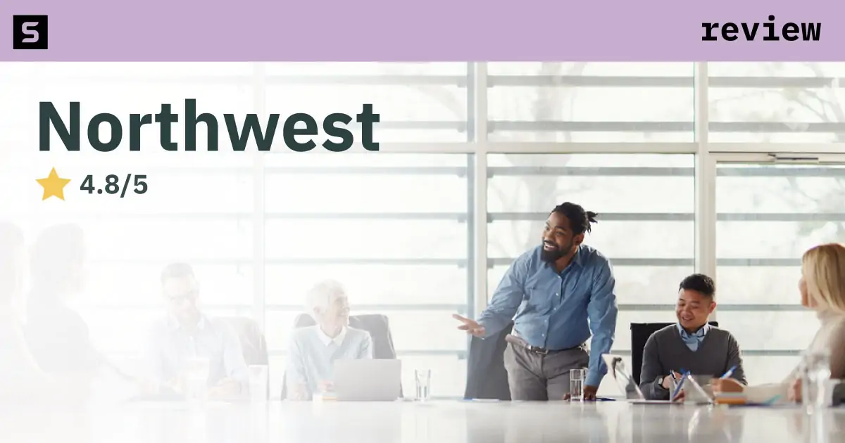 Smiling businessman pointing at Northwest Registered Agent logo next to a 4.8 star rating.