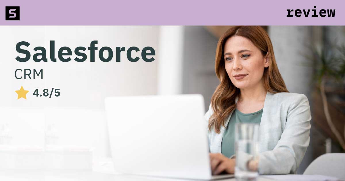 Smiling businessman next to 4.8 stars and pointing at Salesforce logo.