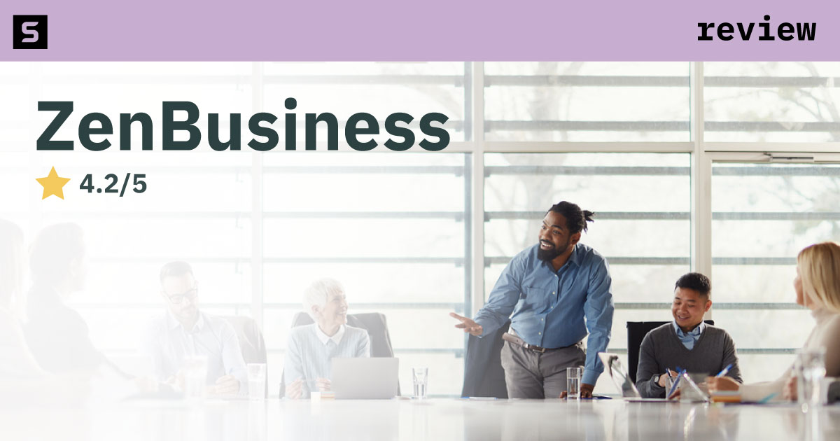 Smiling businesswoman standing next to text that says ZenBusiness with four out of five stars.
