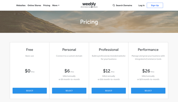 Weebly pricing.