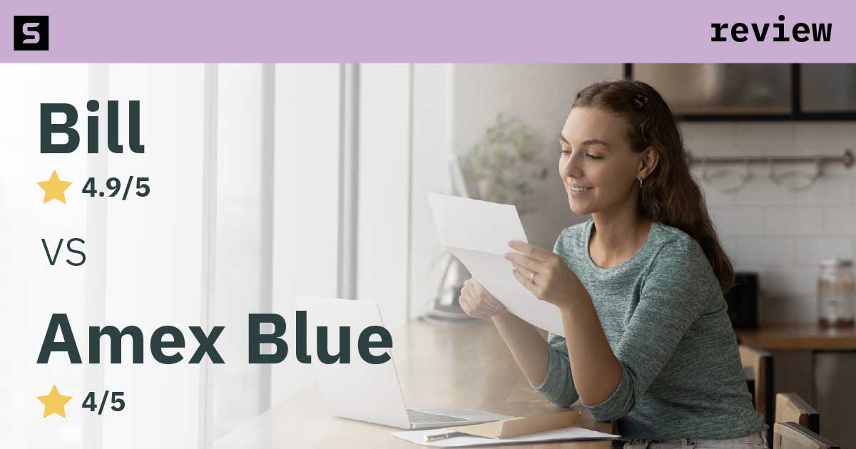 Woman comparing BILL versus Amex Blue Business ratings.