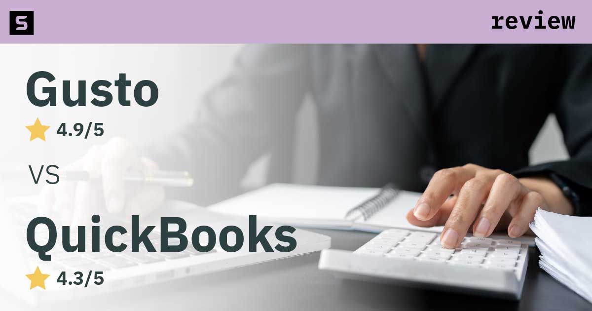 Woman smiling next to gusto and quickbooks rating.