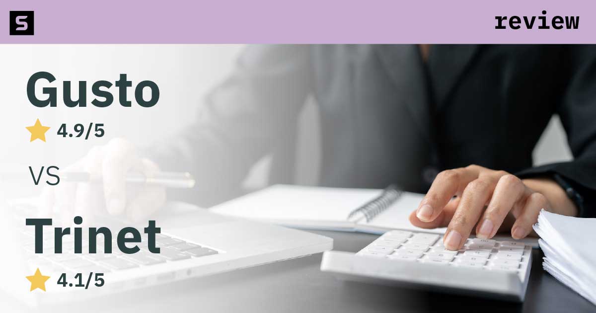 Woman standing in office with ratings of Gusto and TriNet on the left.