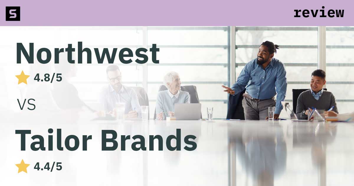 Smiling businessman with four point eight star Northwest and four star Tailor Brands.